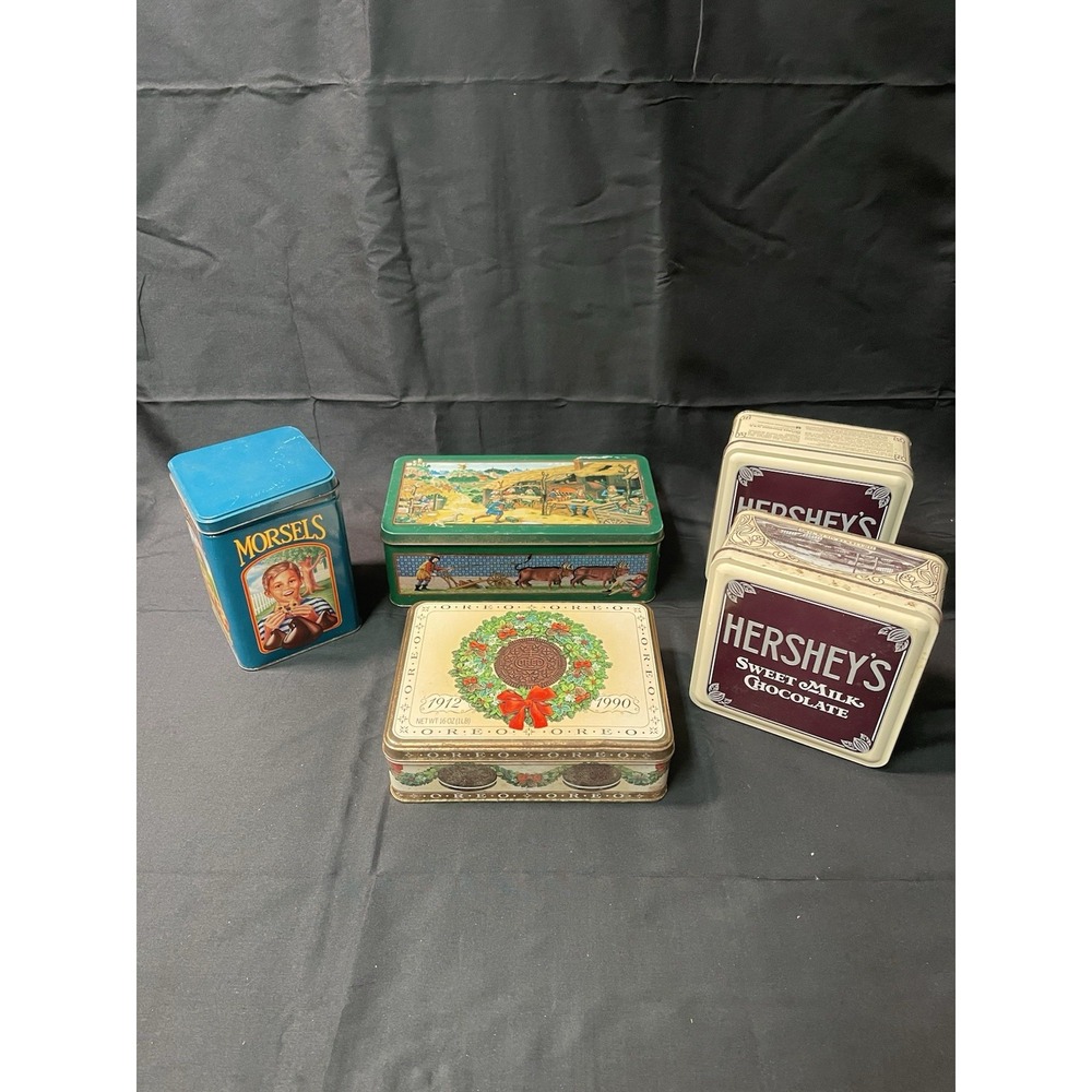Lot 5 Vintage Advertising Tins Hershey Oreo Crabtree Cookie Candy